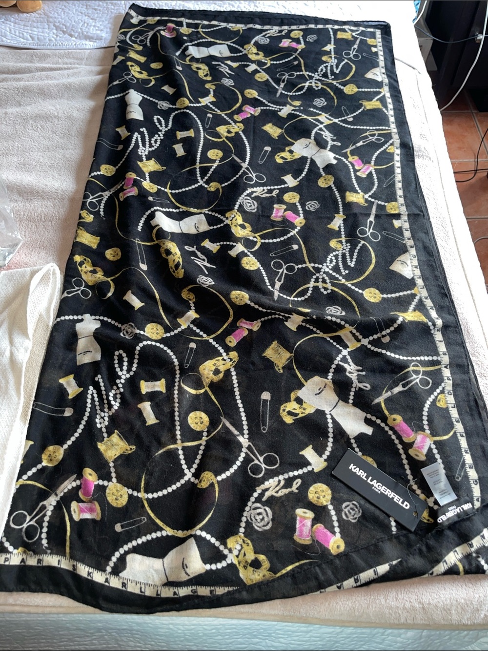 Karl Lagerfeld Black Maxi feller / scarf with Gold, White & Pink Accents